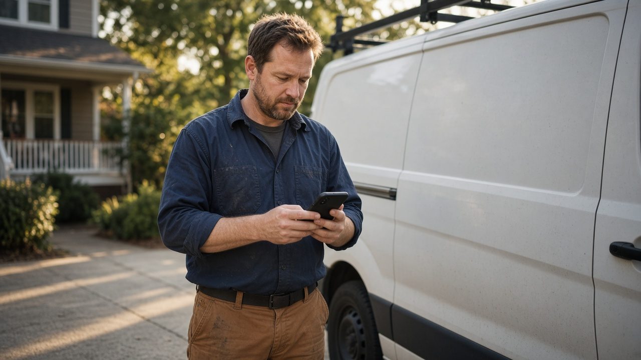Home-service owner checking the phone by the work van